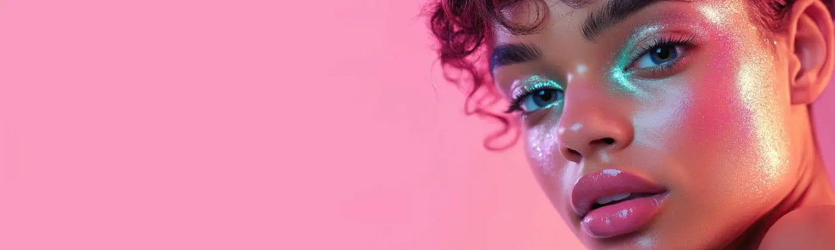 Close-up portrait of a woman with curly hair wearing dramatic neon pink, purple, and green glitter makeup against a solid pink background.