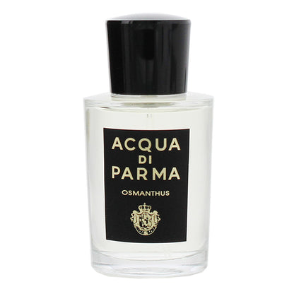 A clear glass bottle of Acqua di Parma Osmanthus fragrance with a black cap and a black label featuring gold lettering and crest, set against a plain white background.