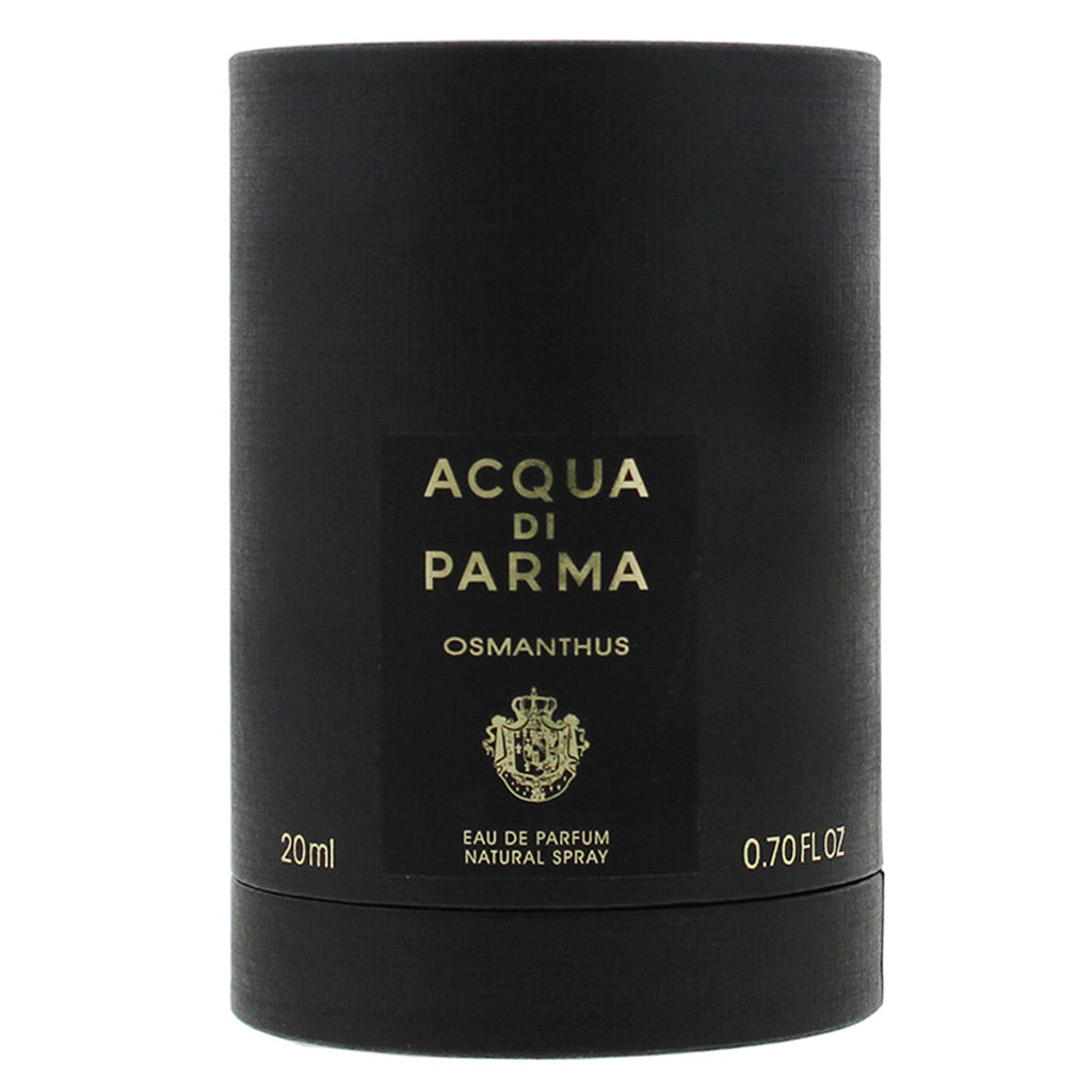 A black cylindrical bottle of Acqua di Parma Osmanthus Eau de Parfum with gold lettering on a white background.