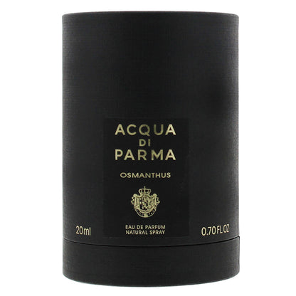 A black cylindrical bottle of Acqua di Parma Osmanthus Eau de Parfum with gold lettering on a white background.