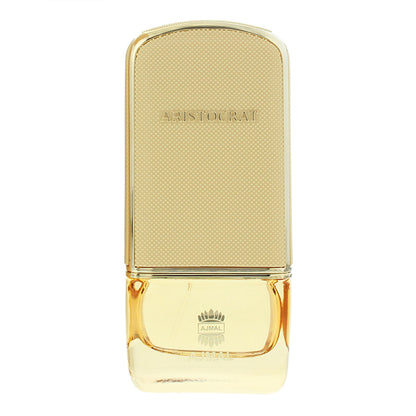 Aristocrat Ajmal Eau de Parfum bottle in a textured gold finish with a clear glass base, shown against a plain white background.