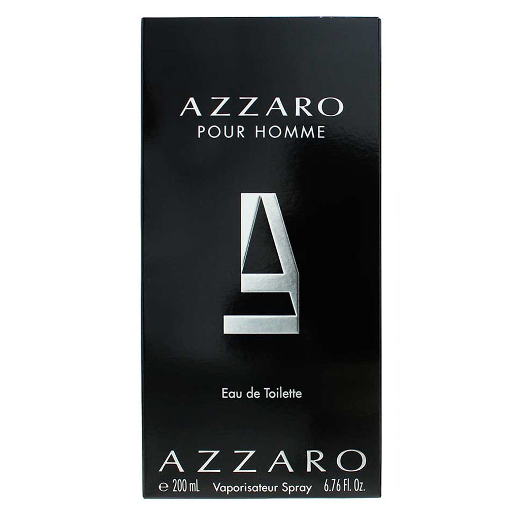 A black rectangular box for Azzaro Pour Homme Eau de Toilette, featuring a large metallic silver letter 'A' in the center and white text on a plain white background.