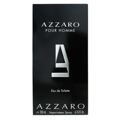 A black rectangular box for Azzaro Pour Homme Eau de Toilette, featuring a large metallic silver letter 'A' in the center and white text on a plain white background.