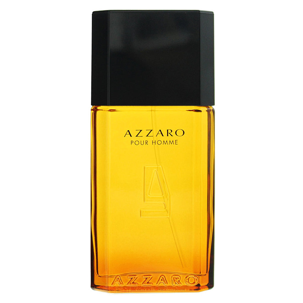 Azzaro Pour Homme fragrance bottle with a translucent amber-yellow glass body and a matte black cap, shown on a plain white background.