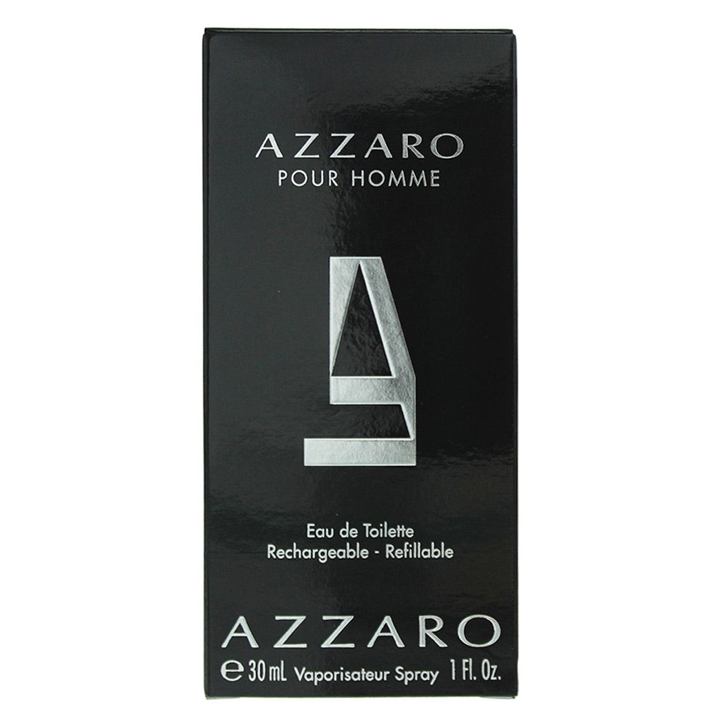 A black rectangular box for Azzaro Pour Homme Eau de Toilette spray, featuring a large metallic silver letter 'A' and white text on a plain white background.