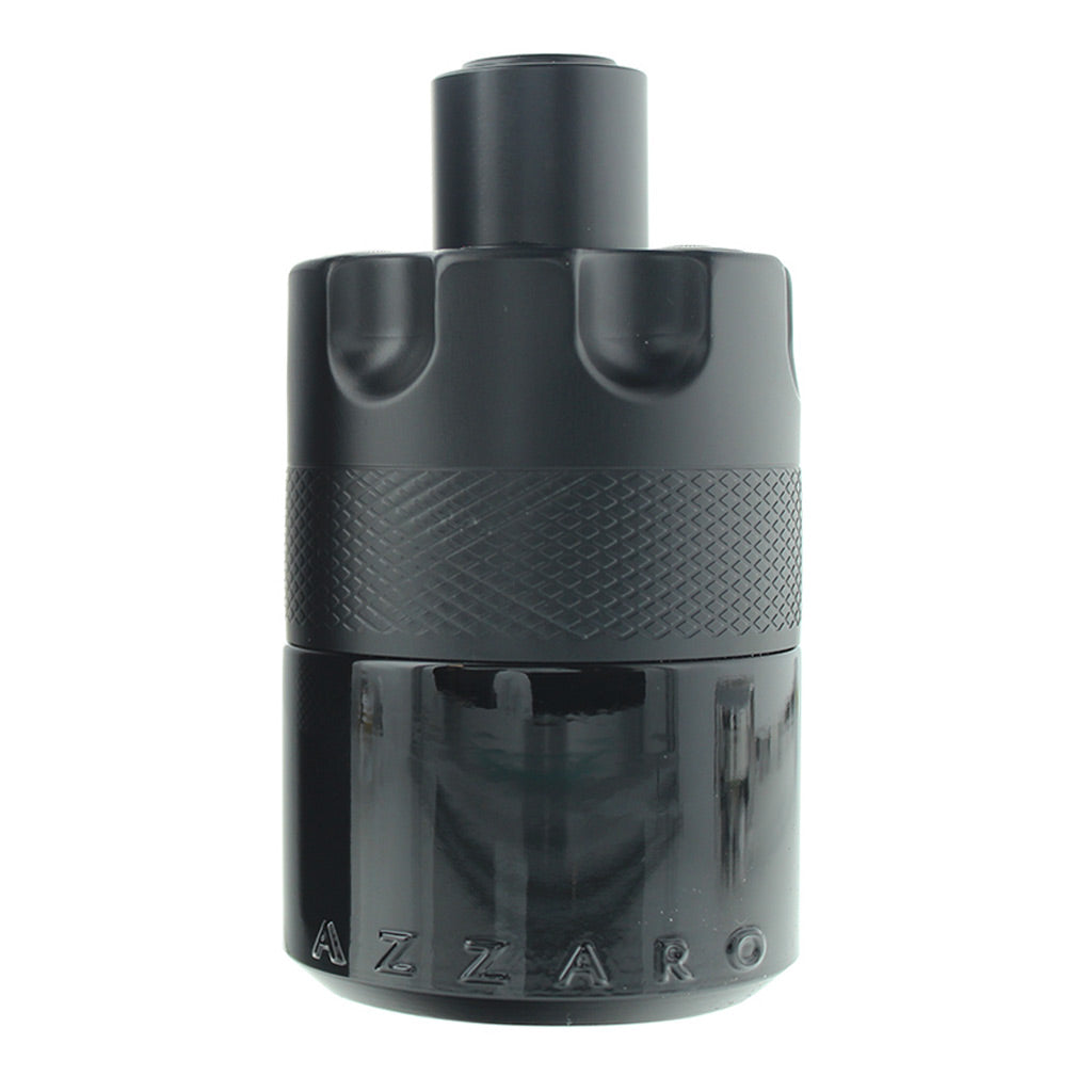 Azzaro Black perfume bottle with a matte black textured upper section and a glossy black lower section, featuring the embossed brand name 'AZZARO' on the front, set against a plain white background.