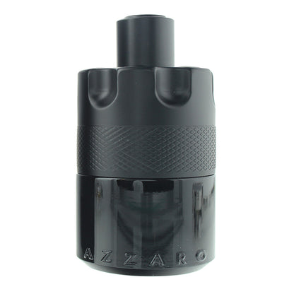 Azzaro Black perfume bottle with a matte black textured upper section and a glossy black lower section, featuring the embossed brand name 'AZZARO' on the front, set against a plain white background.