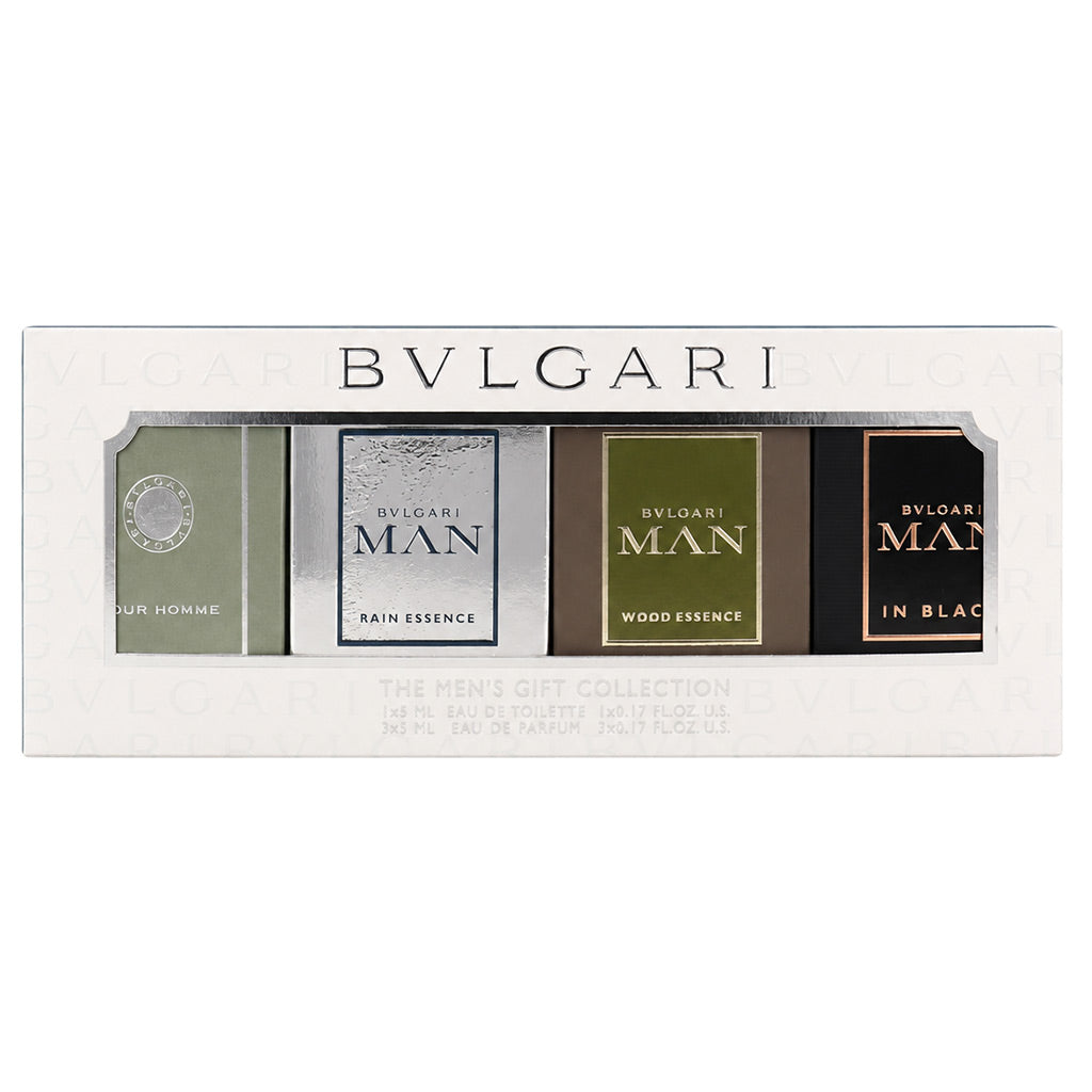 Bvlgari The Men's Gift Collection 4-piece fragrance set in a white rectangular box, featuring four distinct bottles with olive green, silver, brown, and black packaging.