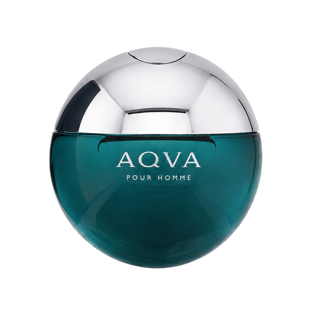A spherical bottle of Aqva Pour Homme fragrance with a reflective silver metallic cap and a deep teal-green translucent body, centered on a plain white background.