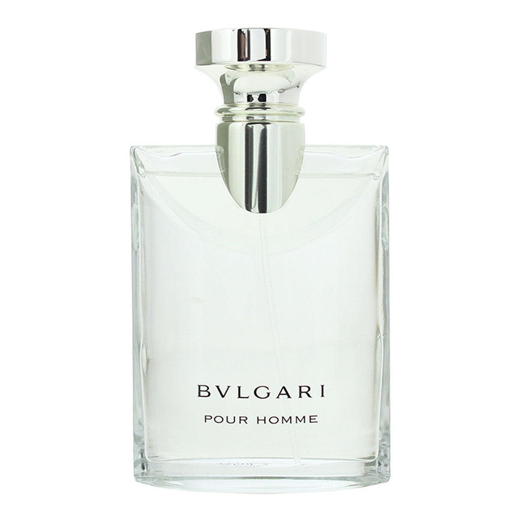 Bvlgari Pour Homme Eau de Toilette bottle, featuring a clear glass rectangular body with a polished silver metallic cap and black lettering on the front.
