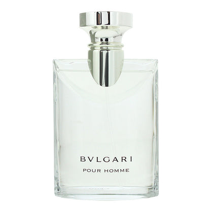 Bvlgari Pour Homme Eau de Toilette bottle, featuring a clear glass rectangular body with a polished silver metallic cap and black lettering on the front.
