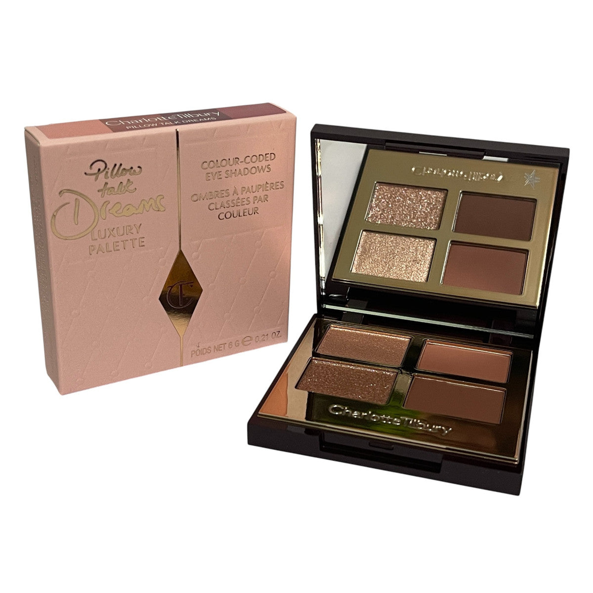 Charlotte Tilbury eyeshadow palette with four shades and packaging on a white background