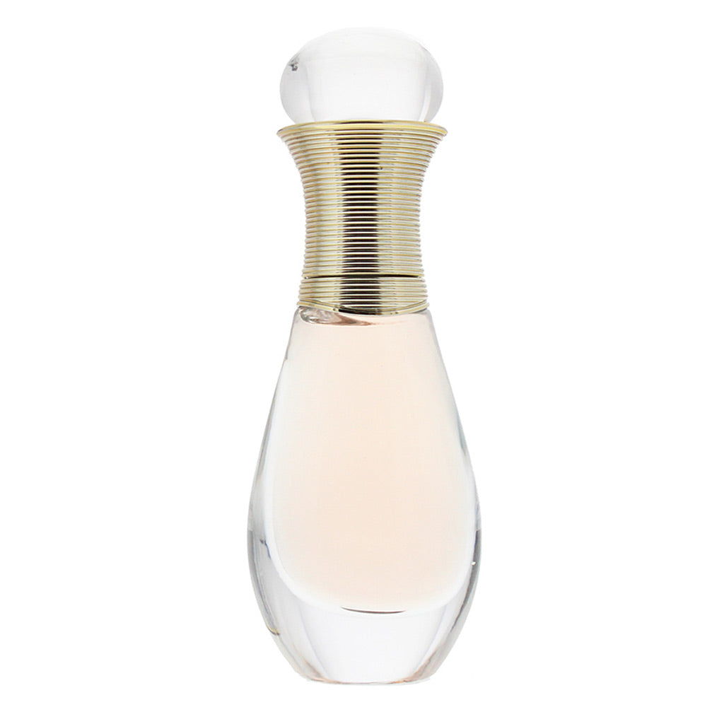 A clear glass perfume bottle with a pale blush pink liquid inside, featuring a textured gold neck and a clear spherical cap, set against a plain white background.