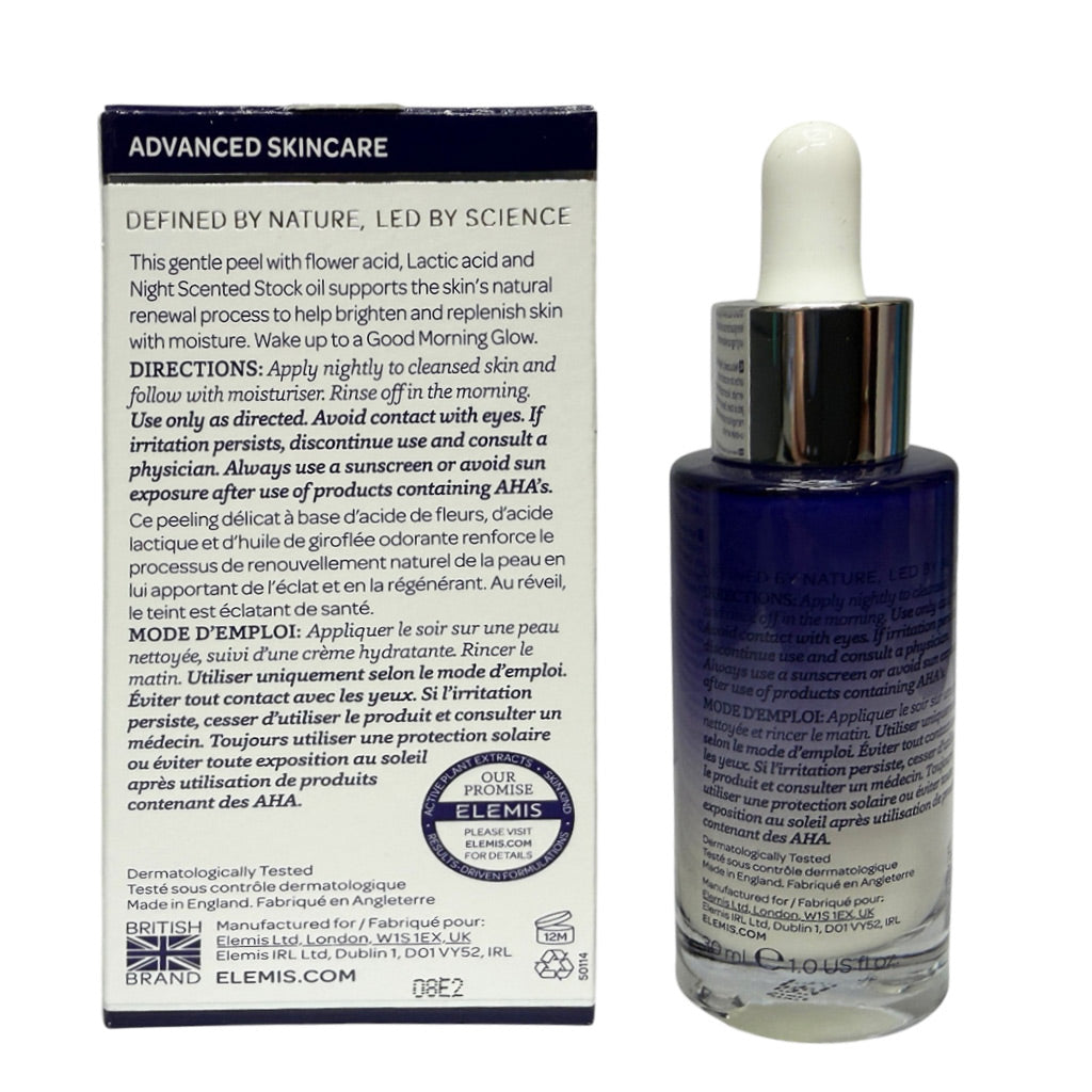Elemsis Advanced Skincare liquid cream bottle and its back packaging box, showing product details, directions, and ingredients in English and French.