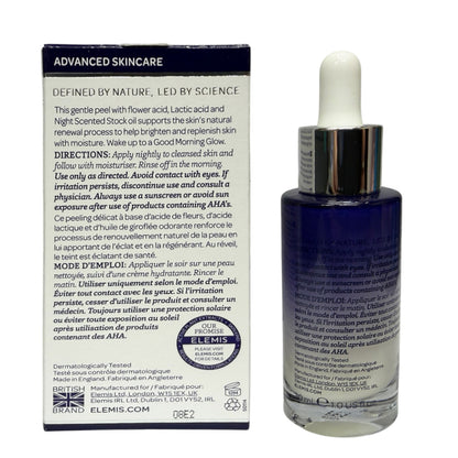 Elemsis Advanced Skincare liquid cream bottle and its back packaging box, showing product details, directions, and ingredients in English and French.