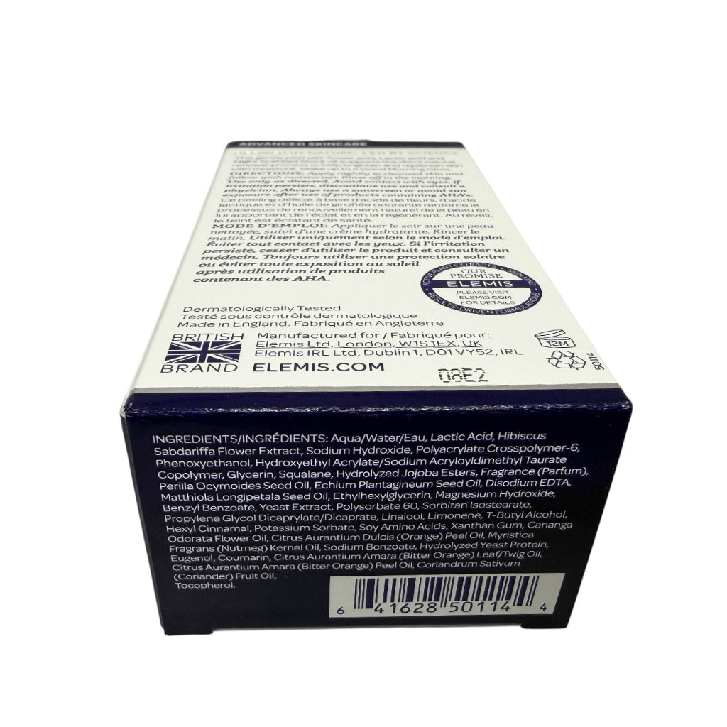 The back of a rectangular Elemis cosmetic box, showing the ingredients list, barcode, and brand name ELEMIS in white and dark blue text on a white background.