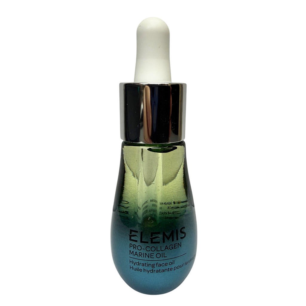 Elemis Pro-Collagen Marine Oil hydrating face oil in a dark green glass dropper bottle with a black collar and white rubber pipette, shown on a white background.