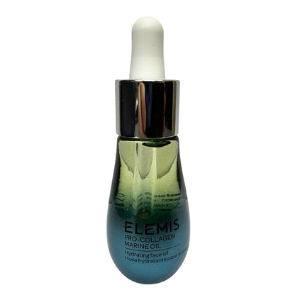 Elemis Pro-Collagen Marine Oil hydrating face oil in a dark green glass dropper bottle with a black collar and white rubber pipette, shown on a white background.