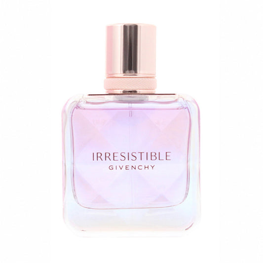 Givenchy Irresistible Nectar Eau de Parfum bottle with a faceted clear glass body showing light purple liquid, a metallic pink cap, and the brand name printed on the front.