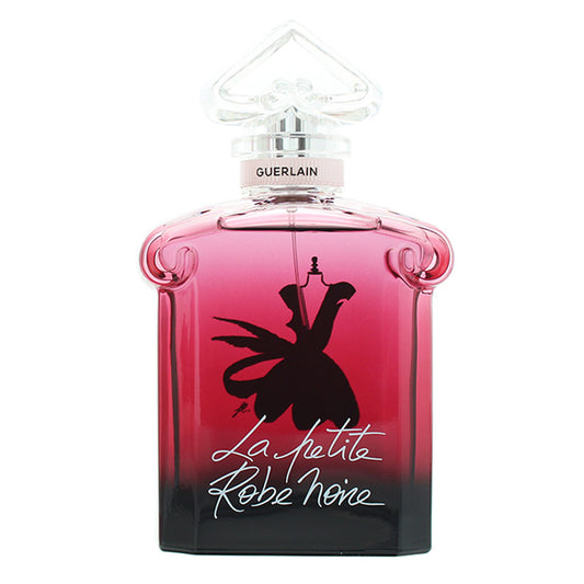 Guerlain La Petite Robe Noire perfume bottle, featuring a pink-to-black gradient glass design with a black silhouette of a robed figure and white script text, topped with a clear spade-shaped cap.