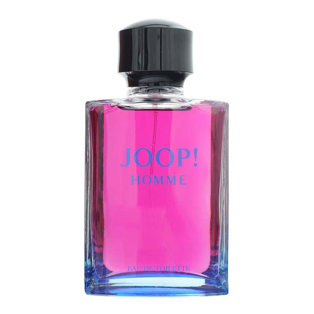 Joop! Homme Eau de Toilette perfume bottle with vibrant pink liquid, a black cap, and blue lettering on a white background.