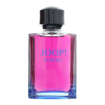 Joop! Homme Eau de Toilette perfume bottle with vibrant pink liquid, a black cap, and blue lettering on a white background.