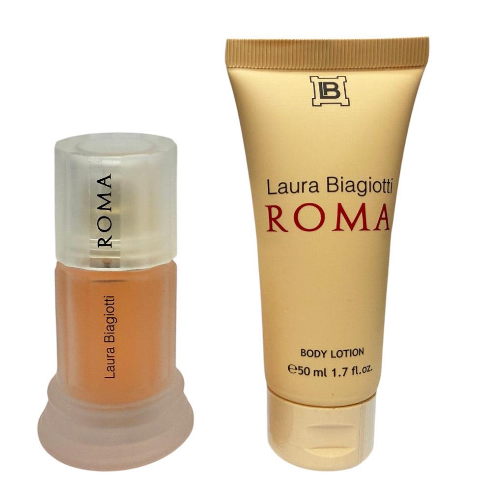 Laura Biagiotti Roma body lotion set featuring a 50 ml pump bottle and a 50 ml squeeze tube, both in a warm beige-gold packaging with orange-toned lotion visible inside, on a plain white background.