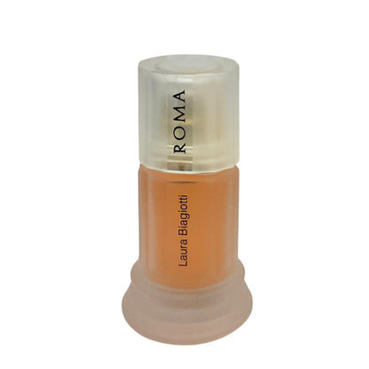 Laura Biagotti Roma liquid lipstick in a warm peach-orange shade, shown in its frosted clear cap and frosted base on a white background.