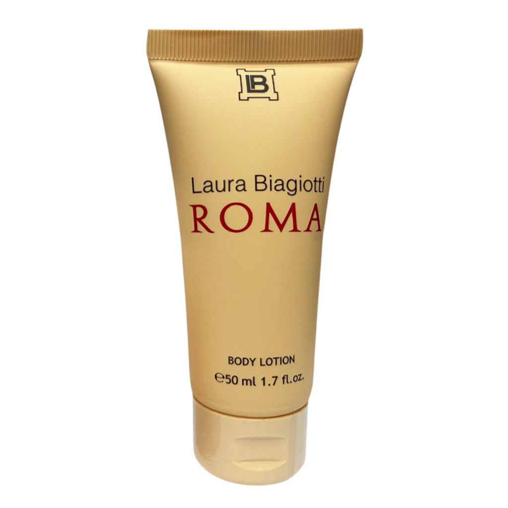 Laura Biagiotti Roma body lotion in a 50 ml squeeze tube with a metallic gold finish, featuring black and red lettering on a white background.
