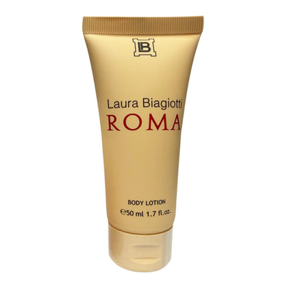 Laura Biagiotti Roma body lotion in a 50 ml squeeze tube with a metallic gold finish, featuring black and red lettering on a white background.