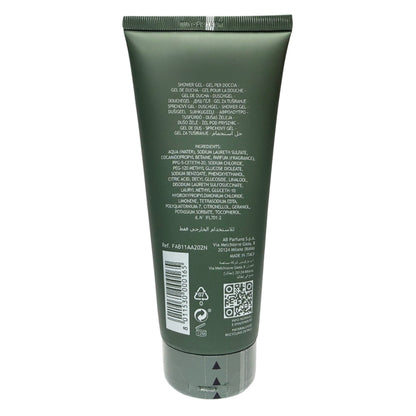 A dark green squeeze tube of shower gel, shown from the back with white text detailing ingredients, a barcode, and a QR code, on a plain white background.