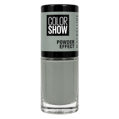 Maybelline Color Show Powder Effect nail polish in a clear glass bottle with a black cap, showing a light gray-green shade.