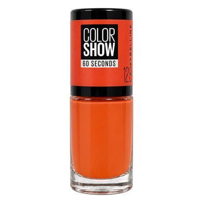 A bottle of Maybelline Color Show 60 Seconds eyeshadow, featuring a vibrant orange color inside a clear glass bottle with a black cap and a bright orange label.