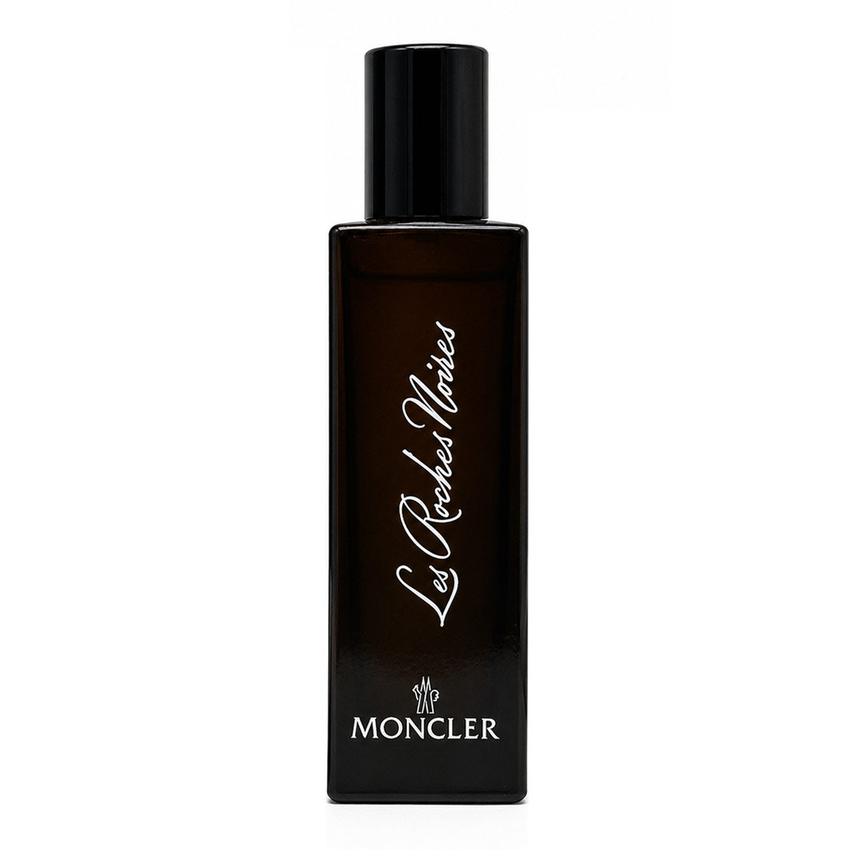 Moncler Les Roches Noires perfume bottle, a dark brown rectangular glass bottle with a black cap, featuring white script and logo text on a plain white background.