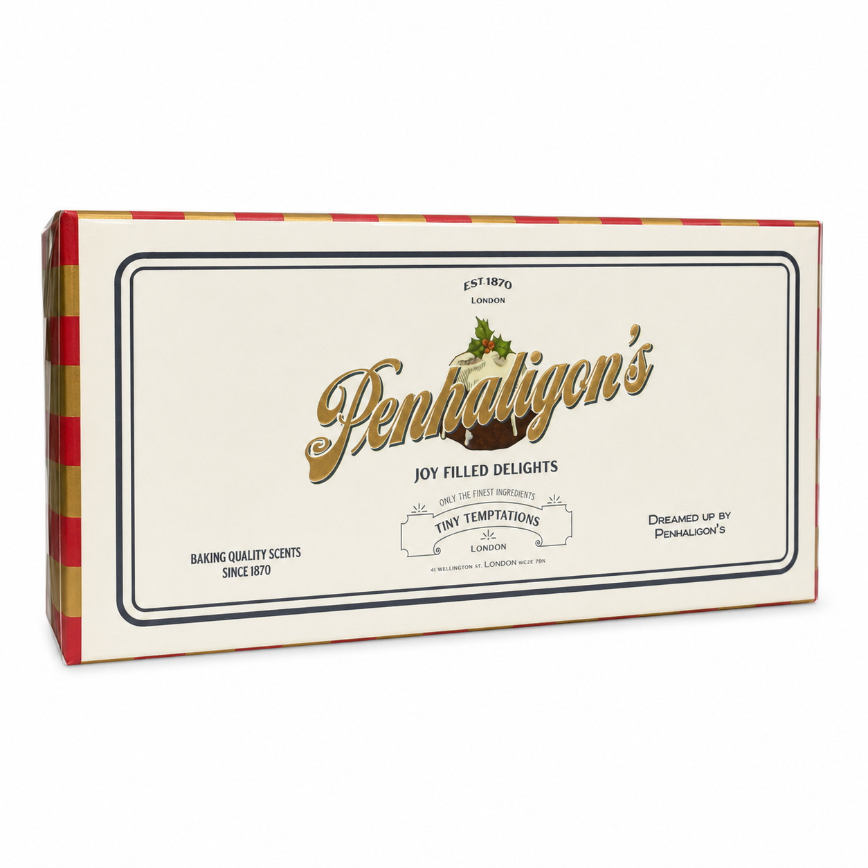 A rectangular box of Penhaligon's Joy Filled Delights baking quality scents, featuring a cream-colored front panel with gold script branding and a red and gold striped border, shown on a white background.