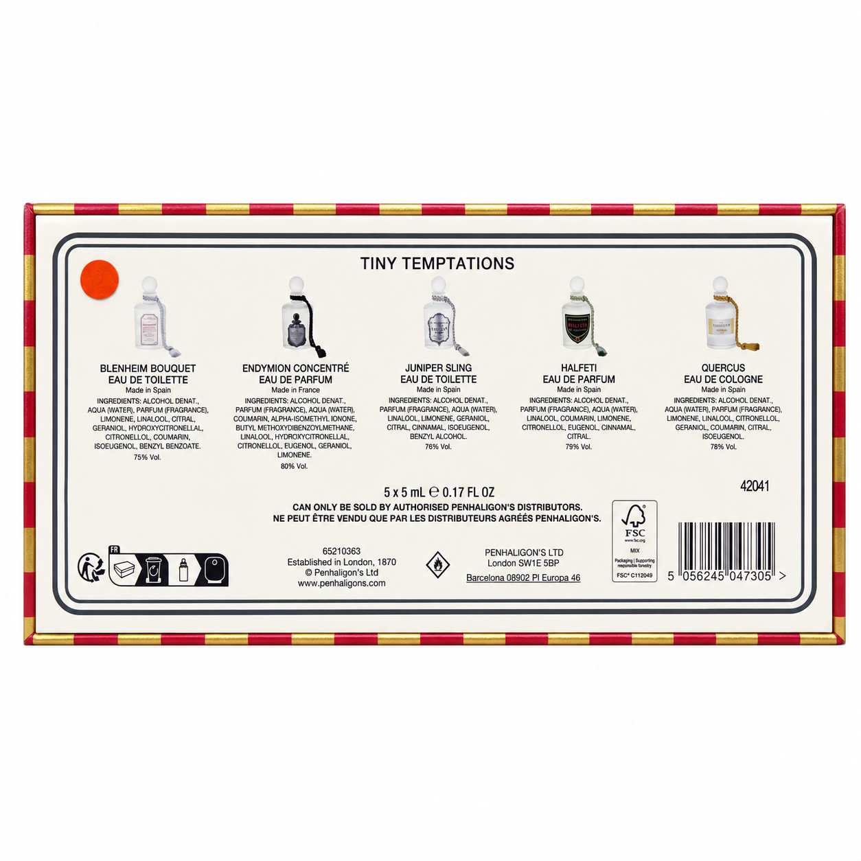 The back of the box of the Tiny Temptations cologne set by Penhaligon's, showing product details, ingredients, barcodes, and a warning label on a white background.