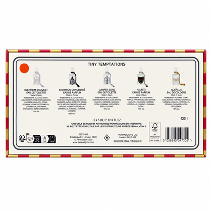 The back of the box of the Tiny Temptations cologne set by Penhaligon's, showing product details, ingredients, barcodes, and a warning label on a white background.