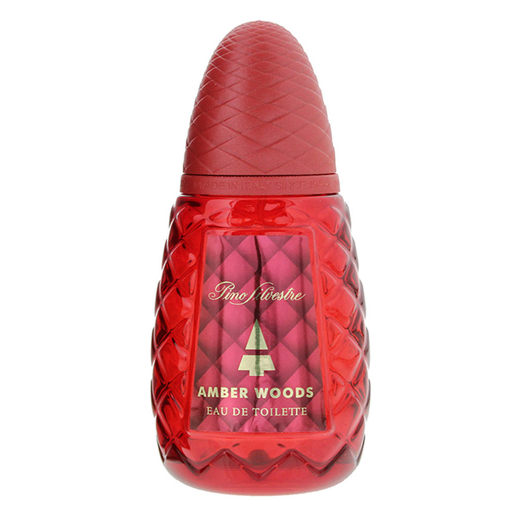 A red faceted glass perfume bottle with a textured red cap, featuring a front label for 'Pino Silvestre Amber Woods Eau de Toilette' on a plain white background.