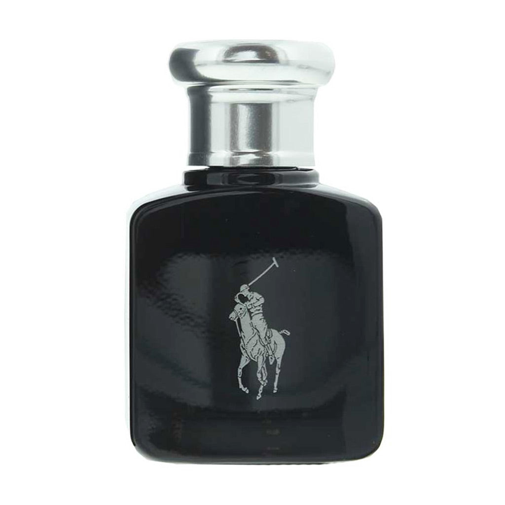 Polo Ralph Lauren Black Label cologne bottle, featuring a glossy black rectangular body with a silver polo player logo and a silver metallic cap, set against a plain white background.