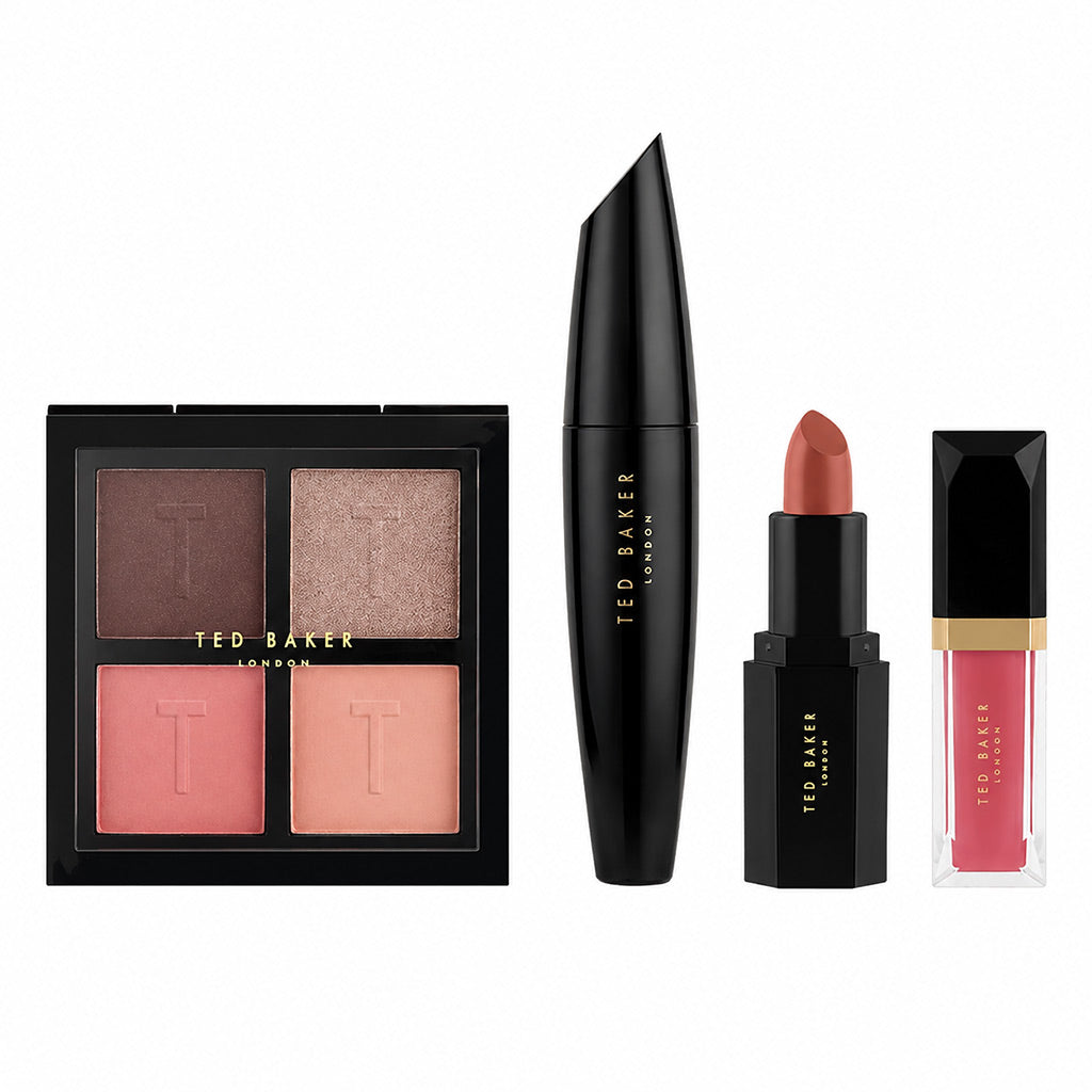 A four-piece makeup set from Ted Baker London on a solid white background, including a four-color eyeshadow palette, a black mascara tube, a black lipstick with a coral-pink bullet, and a black-and-gold liquid lipstick in a pink shade.