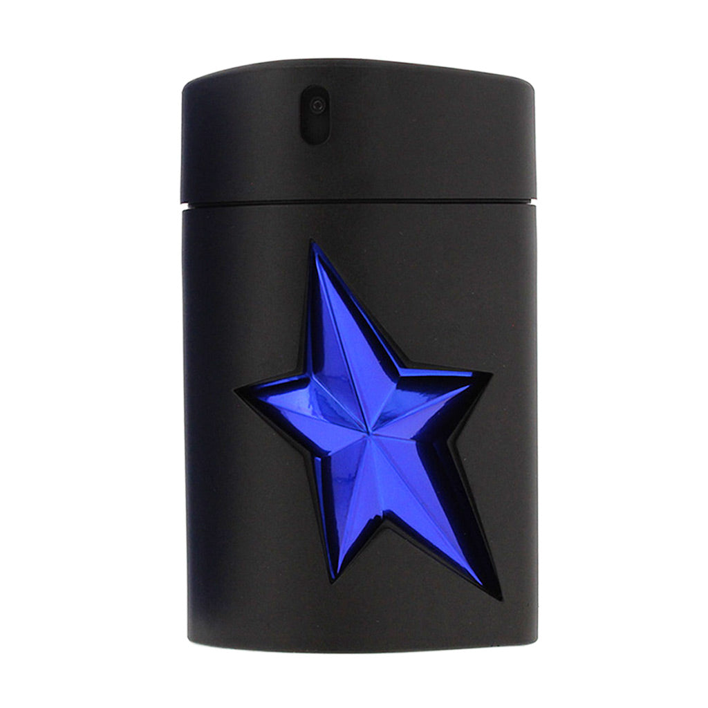 A matte black cylindrical perfume bottle featuring a large, faceted metallic blue star on the front, set against a plain white background.
