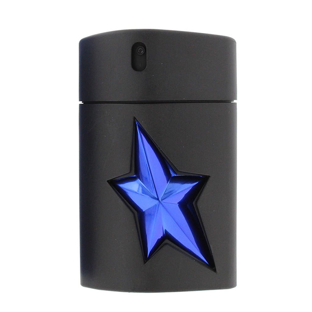 A matte black cylindrical perfume bottle with a prominent, faceted blue star emblem on the front, set against a plain white background.