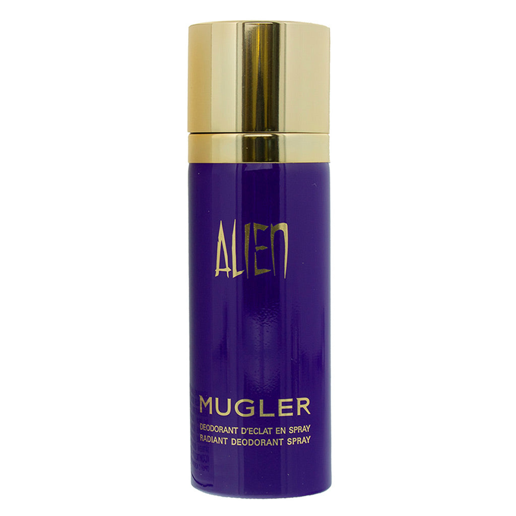 Mugler Alien Deodorant Spray bottle in a deep purple color with a metallic gold cap and gold lettering.