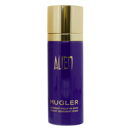 Mugler Alien Deodorant Spray bottle in a deep purple color with a metallic gold cap and gold lettering.