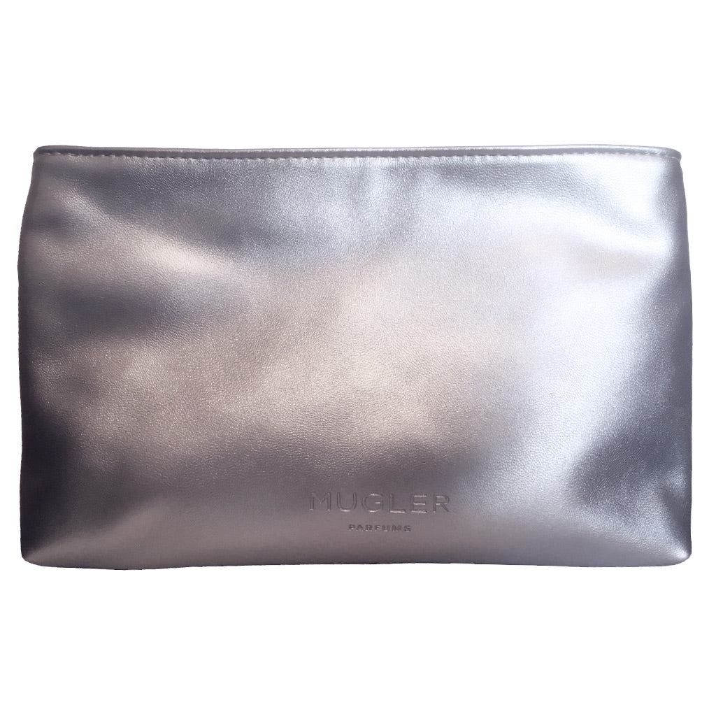 A metallic silver pouch bag with a smooth, slightly pearly finish and debossed 'MUGLER PARIS' branding near the bottom center, shown against a plain white background.