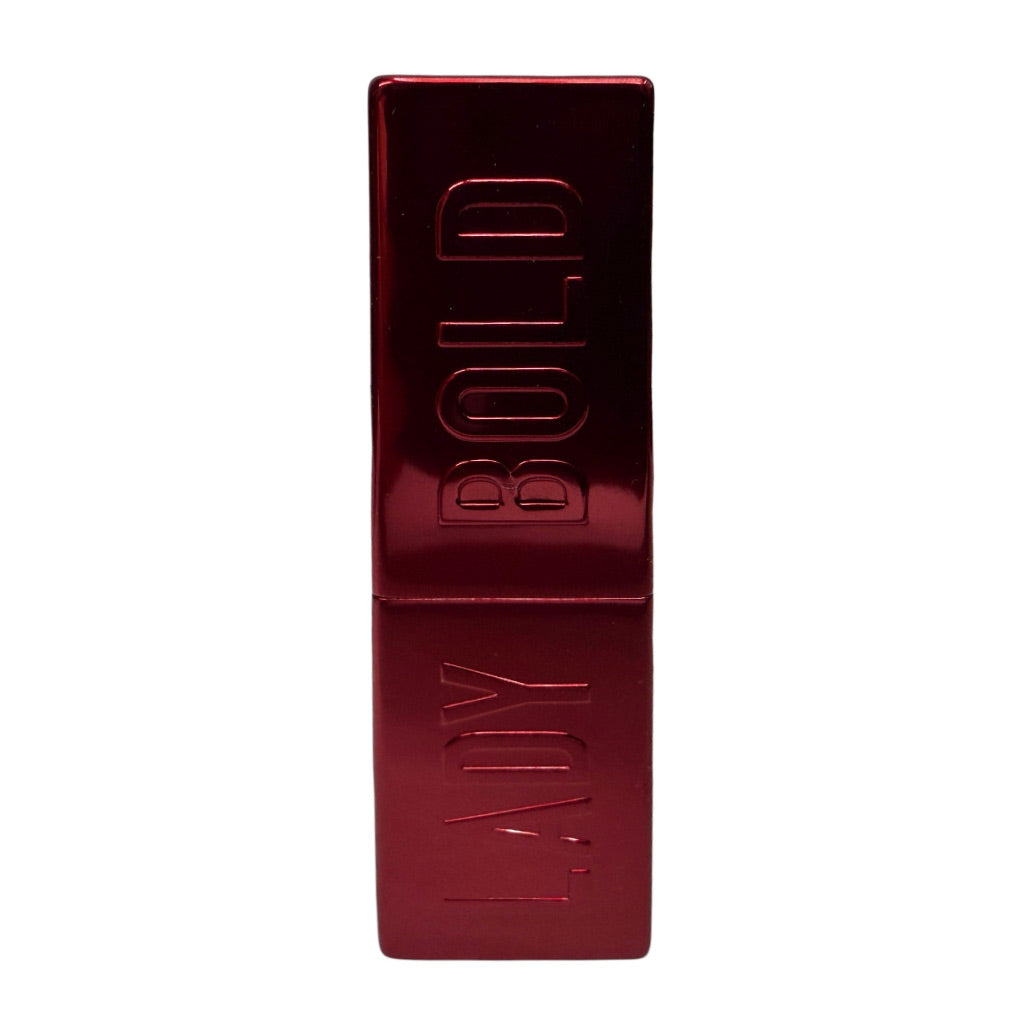 A metallic deep red lipstick tube with the brand name 'LADY BOLD' embossed vertically on the front, set against a plain white background.