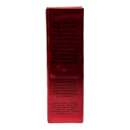 The back of a tall, narrow red cosmetic box with black text, photographed against a plain white background.
