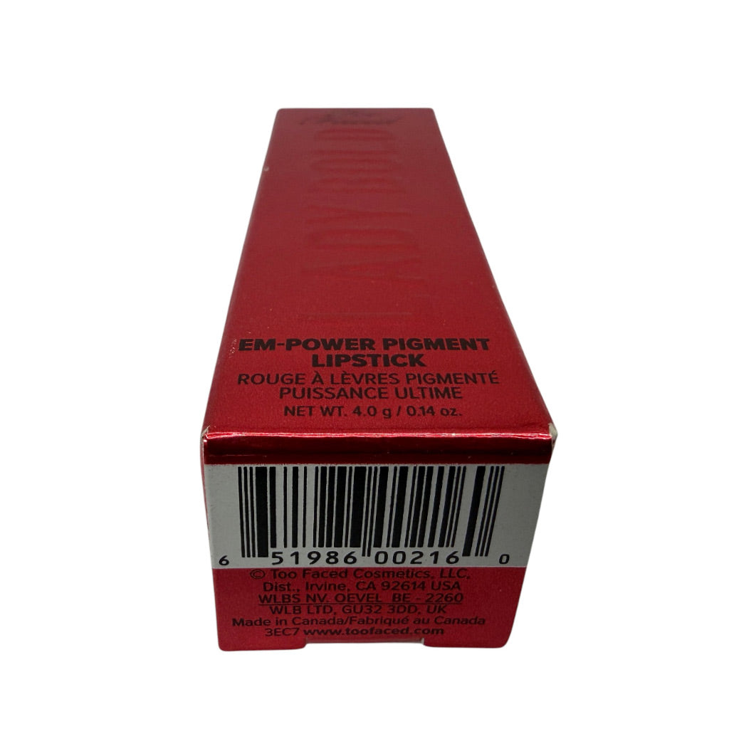 A red rectangular box of 100 Facial Cosmetic EM-POWER Pigment Lipstick, showing the side panel with a barcode and product details on a white background.