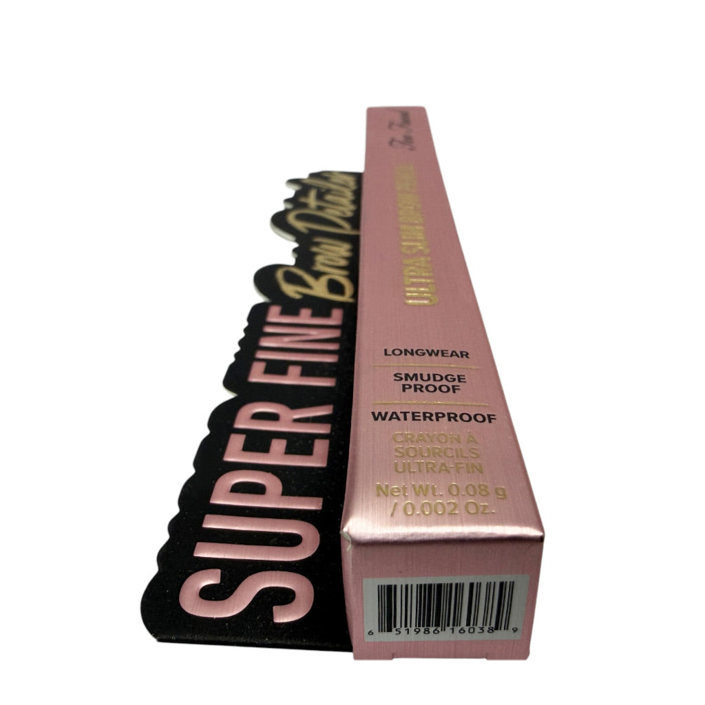 A pink rectangular cosmetic box for a brow product, shown alongside a black swatch card featuring large pink and gold text that reads 'SUPER FINE Brow Product.' The box includes text such as 'LONGWEAR,' 'SMUDGE PROOF,' and 'WATERPROOF,' with a barcode near the bottom.