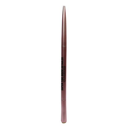 A single cosmetic eyebrow pencil in a metallic rose gold shade, featuring black text that reads 'SUPER FINE BROW DETAILER' on a plain white background.
